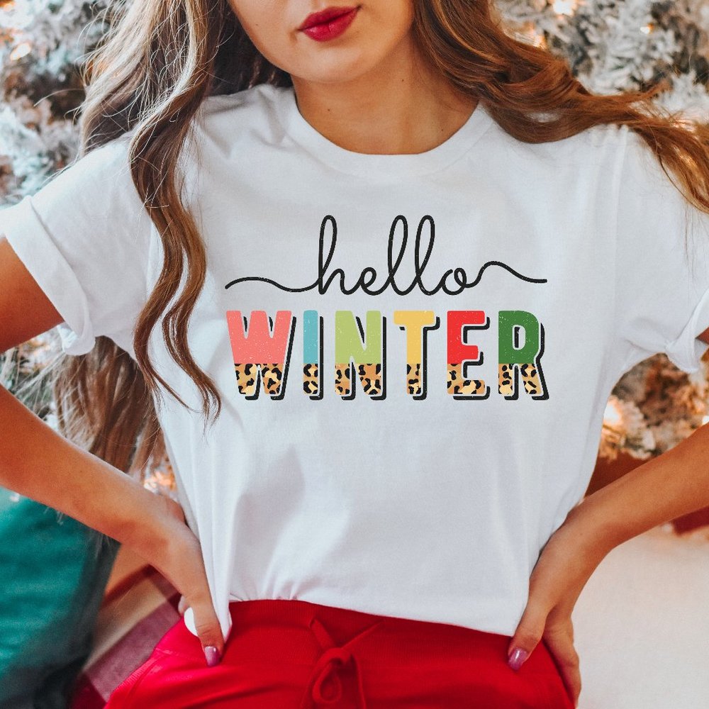 Hello Winter Christmas Graphic T-shirt Graphic Tee Unisex White Cotton Shirt